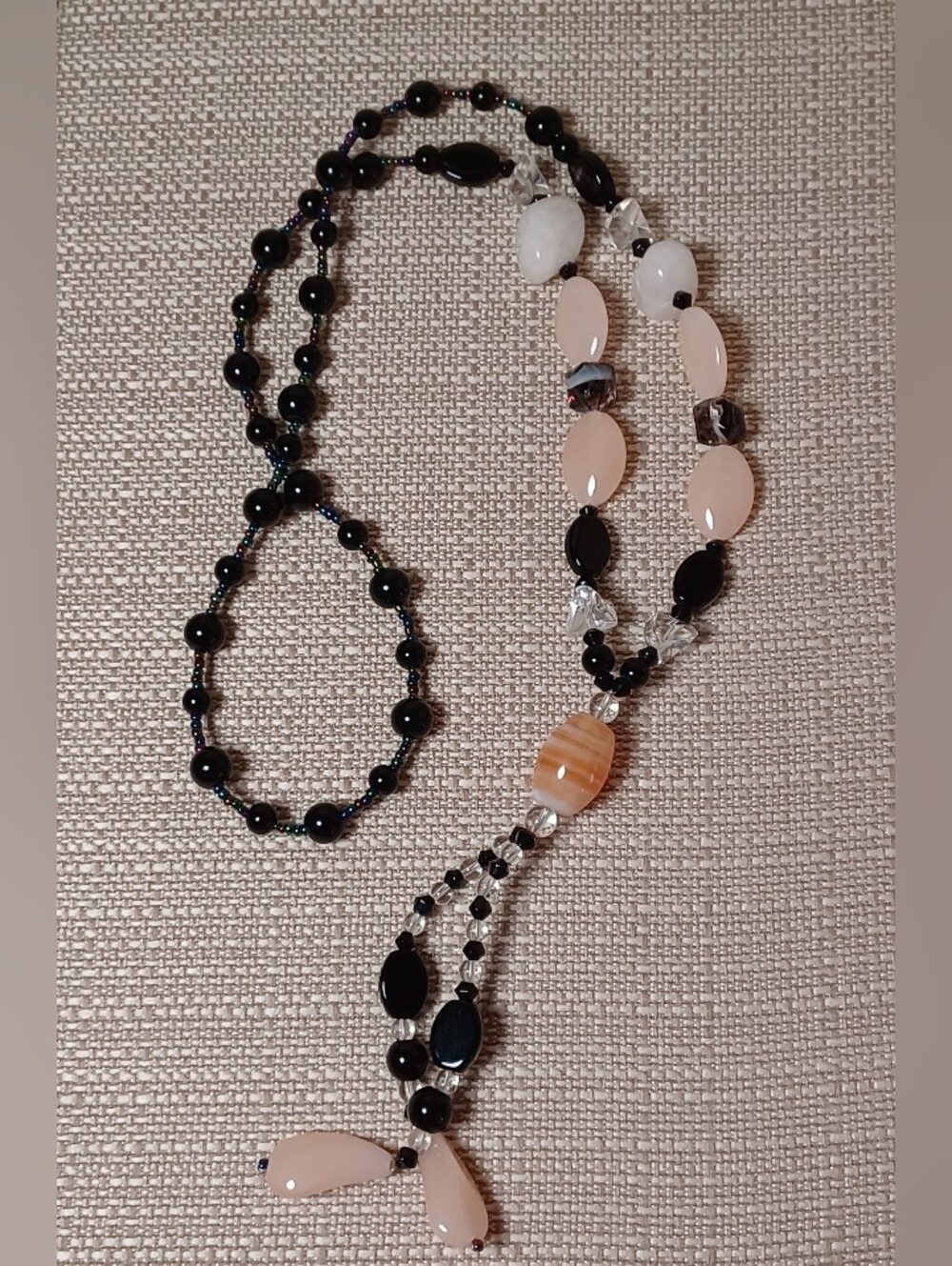 Artisan Lariat Black Onyx, Rose Quartz, & Banded Agate Bohemian Y-Necklace 🖤💫 - Picture 3 of 10